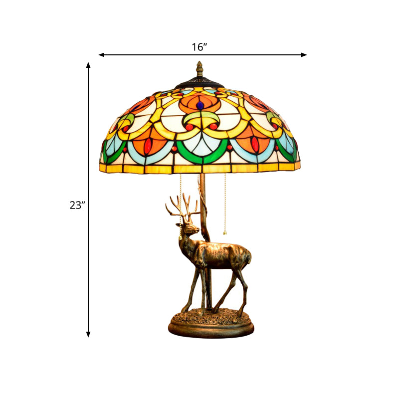 Cut Glass Yellow/Orange Night Light Hand-Worked Peach/Geometric 2-Light Tiffany Table Lamp with Elk Statue and Pull Chain Switch