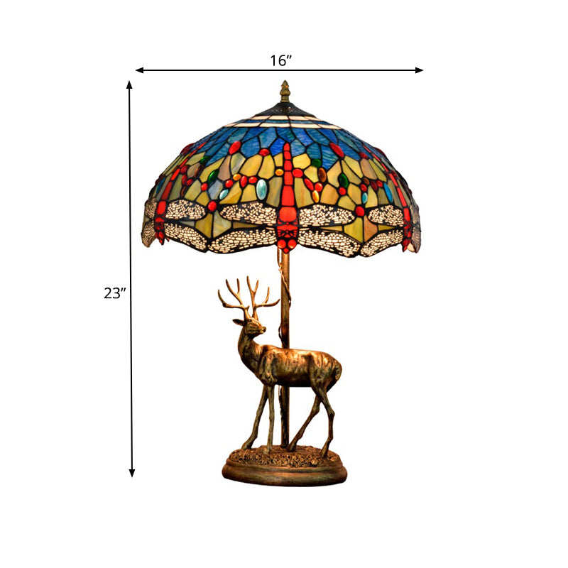 Dragonfly Buntglas Nachtlicht Mittelmeer 2-Bulb gelb/orange/grüner Tischlampe mit Pull-Kette und Elchdekoration
