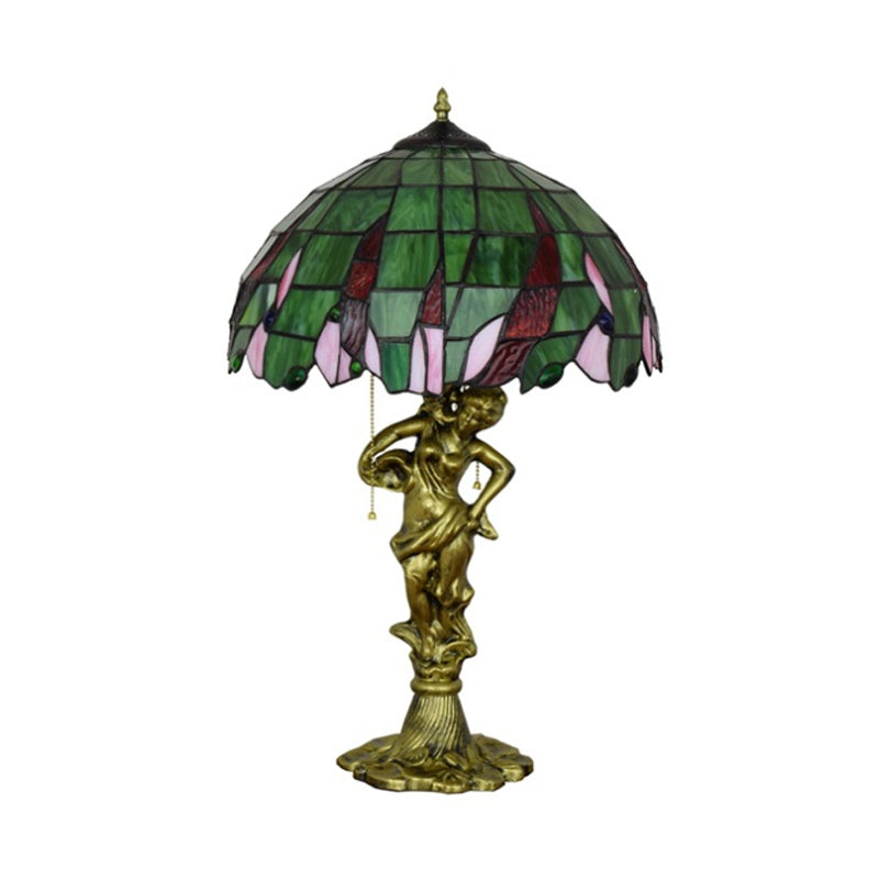Bronze Dame tenant une table de pot Light Tiffany Tiffany 3-Light Pull Chain Night Lampe avec de l'ombre ornée de bijoux