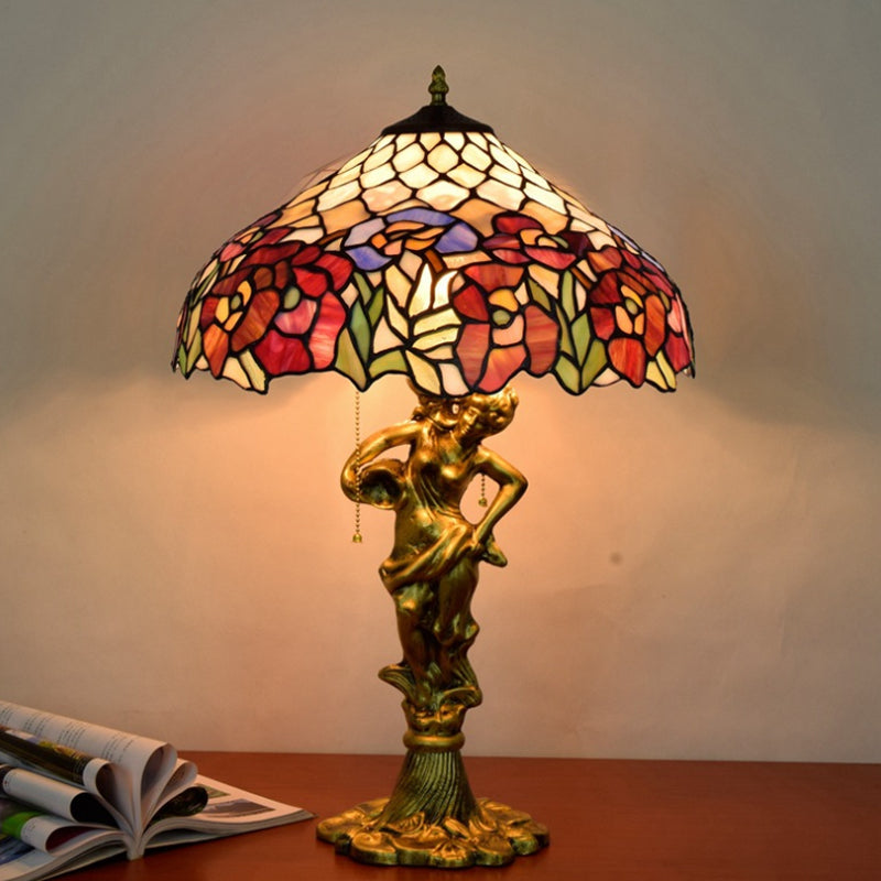 Roseborder Pointed Shade Table Lamp 3 Heads Stained Glass Victorian Night Light with Bronze Sculpture and Pull Chain