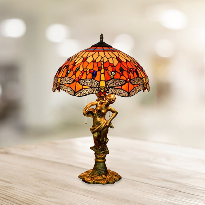 Dragonfly Cabochons Embedded Table Light 3-Light Yellow/Orange/Blue Glass Tiffany Nightstand Lamp with Pull Chain