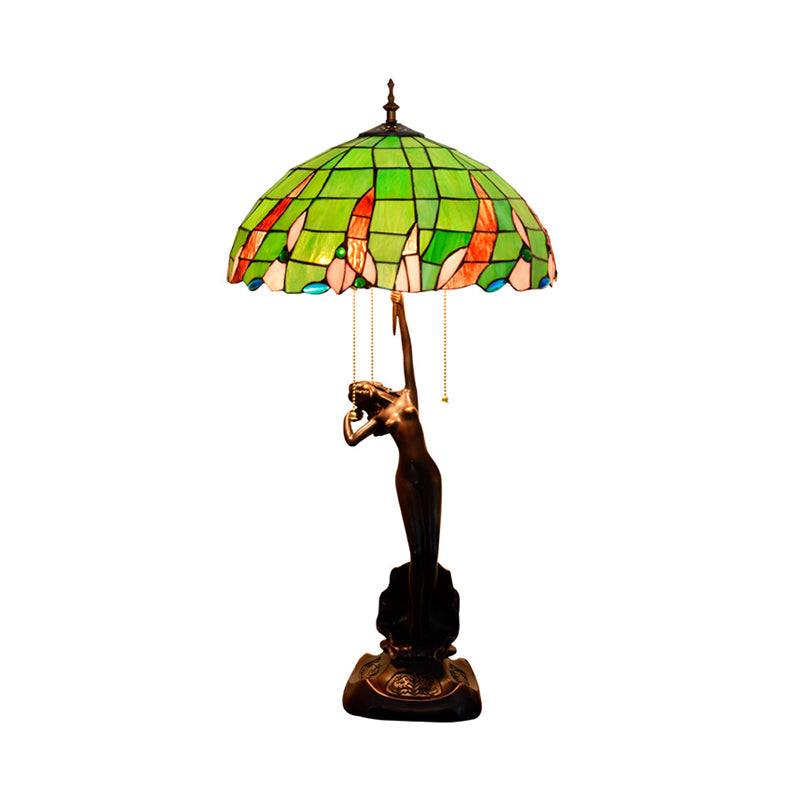 Caffè ballerino ballerino comodino leggero tiffany 3 lampadine in resina a catena a catena con tonalità in vetro verde