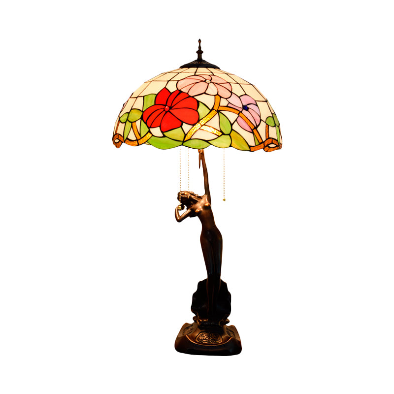 Blüte Buntglas Tischlampe Tiffany-Stil 3 Köpfe Rot/Orange Pull-Chain Night Stand Light mit Frauen Skulptur