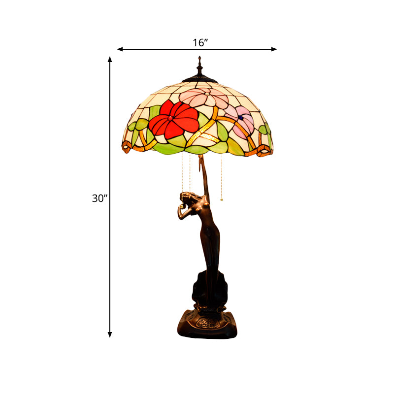Blüte Buntglas Tischlampe Tiffany-Stil 3 Köpfe Rot/Orange Pull-Chain Night Stand Light mit Frauen Skulptur