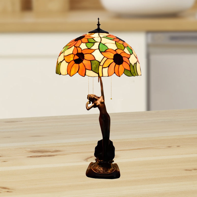 Blüte Buntglas Tischlampe Tiffany-Stil 3 Köpfe Rot/Orange Pull-Chain Night Stand Light mit Frauen Skulptur
