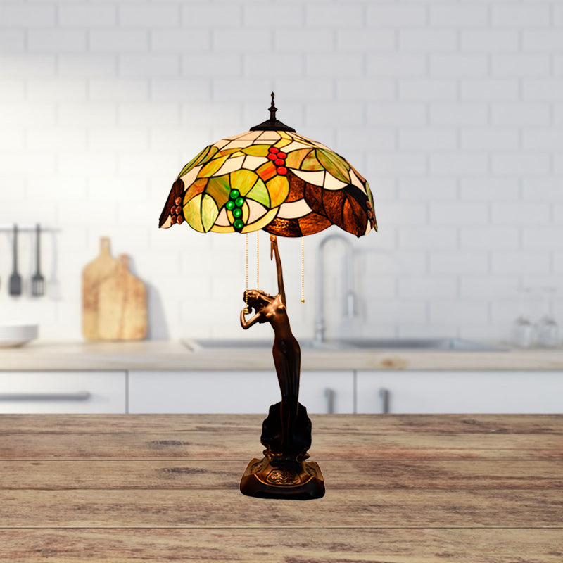 Koffie 3-licht tafellamp Tiffany gekleurd kunstglas druiven nachtkastje licht met aan op trekketting