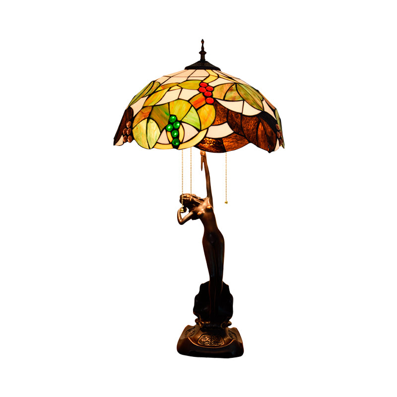Koffie 3-licht tafellamp Tiffany gekleurd kunstglas druiven nachtkastje licht met aan op trekketting