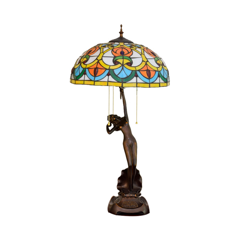 Orange/Yellow Glass Bowl Night Light Victorian Style 3 Bulbs Black Table Lighting with Pull Chain and Girl Base
