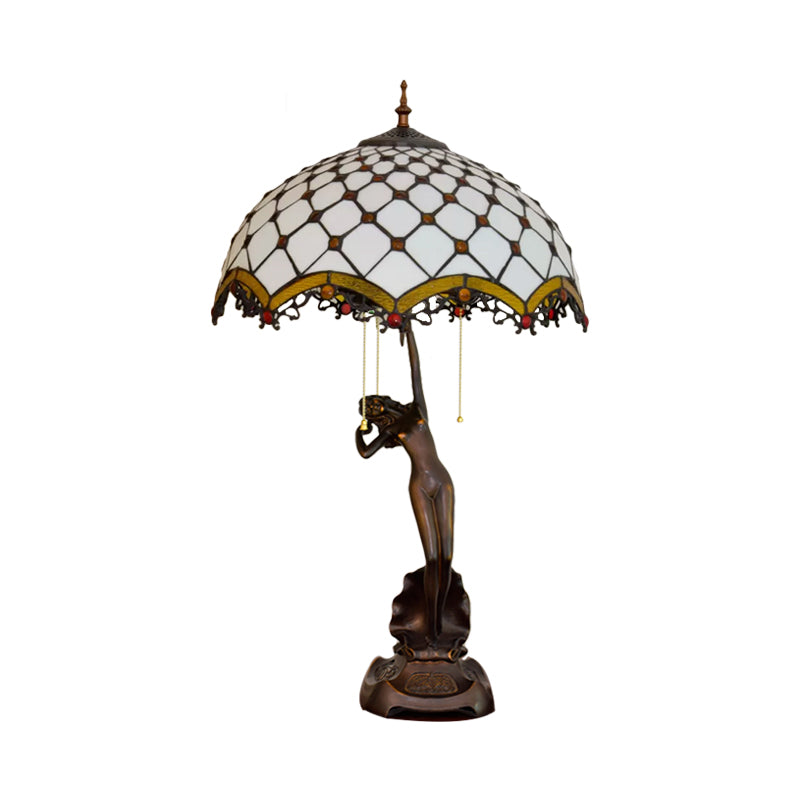 Resin Coffee Pull-Chain Night Stand Light Lady Statue 3-Light Tiffany Table Lamp with Parrot Blue-Brown/Trellis Yellow-White Glass Shade