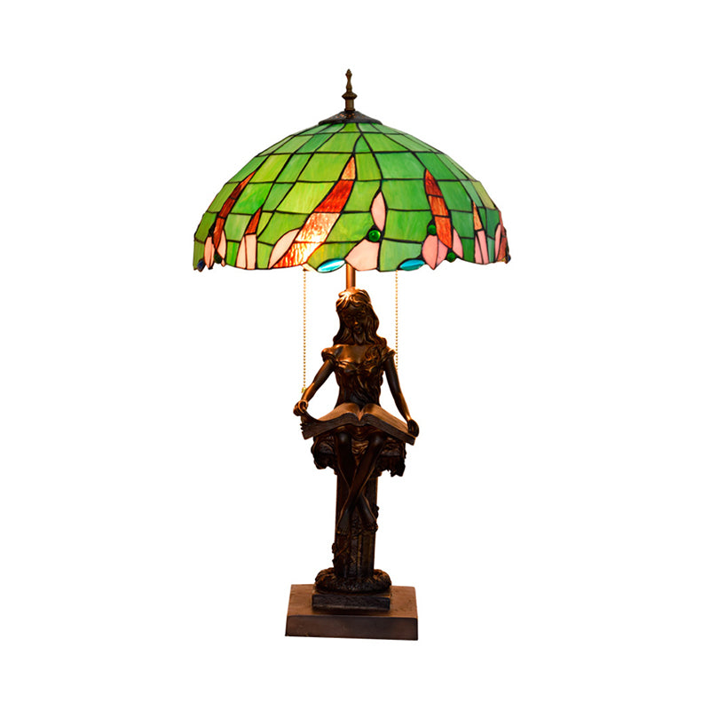 Mädchen Lesen Harz Ziehen Kettentisch Leichte Tiffany 2 Köpfe Kaffee Nachttisch Lampe mit Schüssel grüner Glasschatten