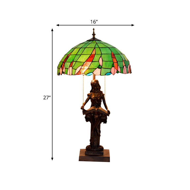 Mädchen Lesen Harz Ziehen Kettentisch Leichte Tiffany 2 Köpfe Kaffee Nachttisch Lampe mit Schüssel grüner Glasschatten