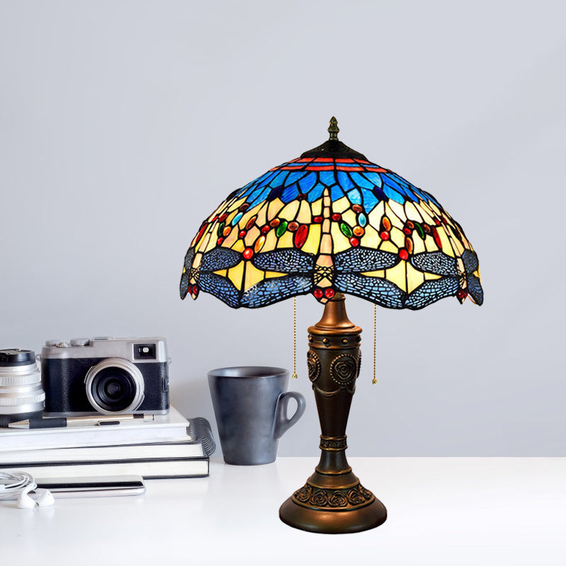 Mediterranean Dragonflies Jeweled Table Lamp 2 Bulbs Blue-Green/Yellow-Blue Glass Nightstand Light with Pull Chain Switch