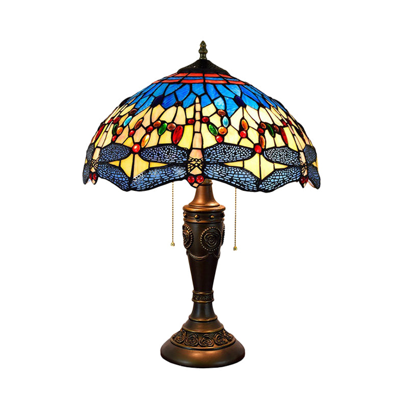 Mediterranean Dragonflies Jeweled Table Lamp 2 Bulbs Blue-Green/Yellow-Blue Glass Nightstand Light with Pull Chain Switch
