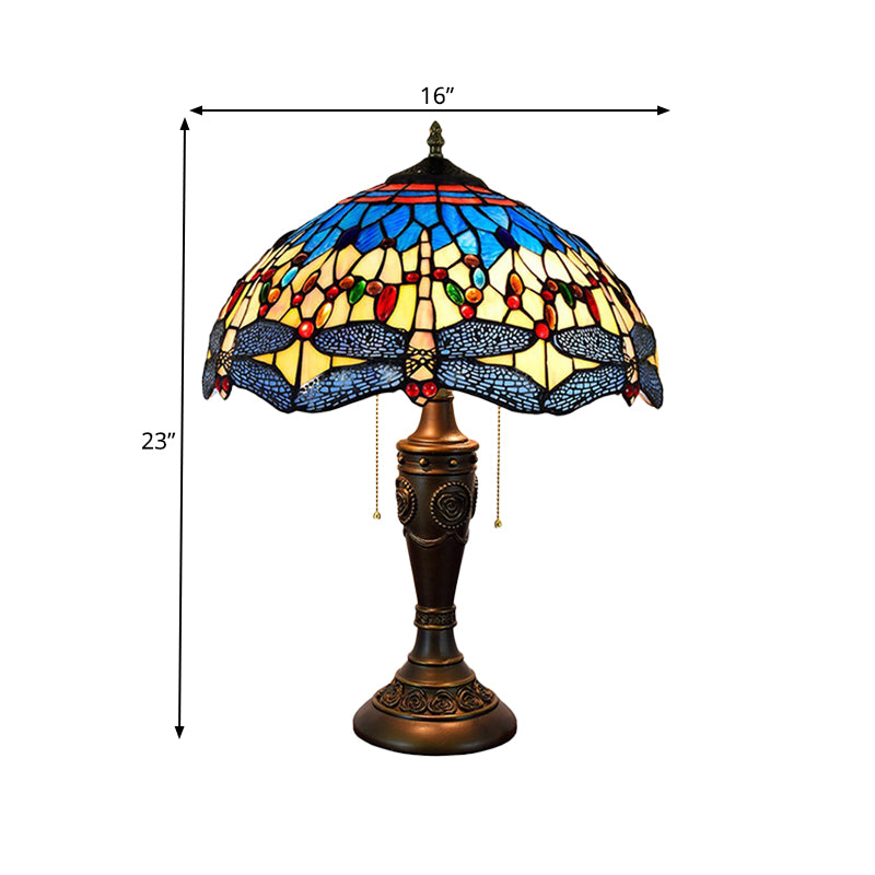 Mediterranean Dragonflies Jeweled Table Lamp 2 Bulbs Blue-Green/Yellow-Blue Glass Nightstand Light with Pull Chain Switch