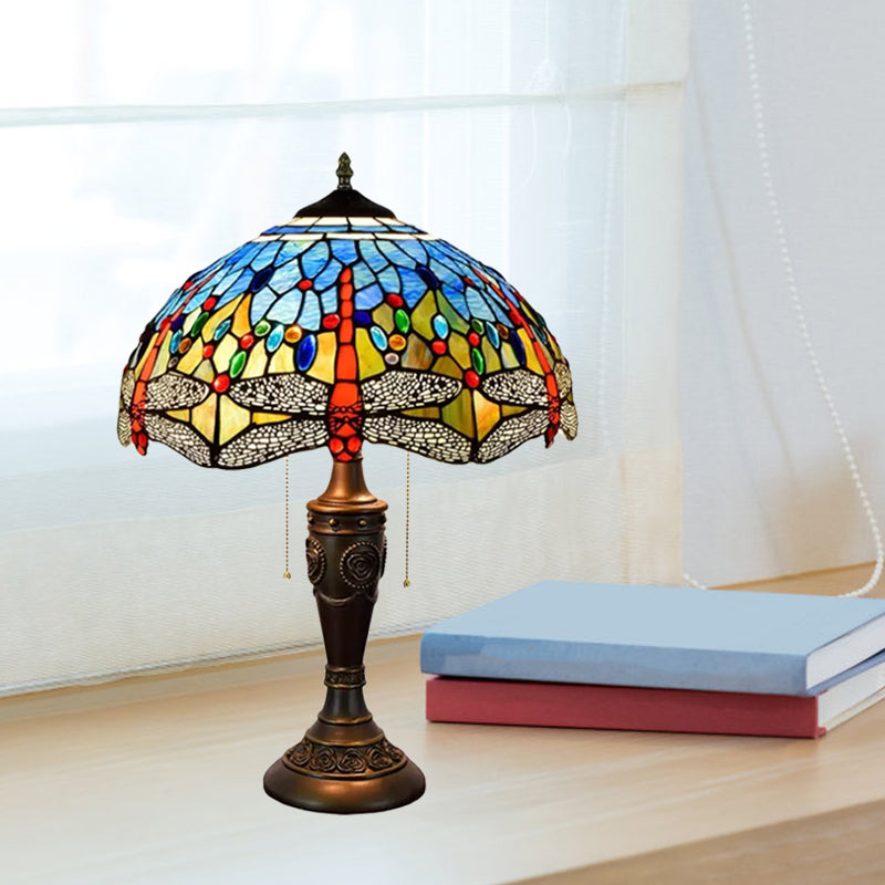 Mediterranean Dragonflies Jeweled Table Lamp 2 Bulbs Blue-Green/Yellow-Blue Glass Nightstand Light with Pull Chain Switch