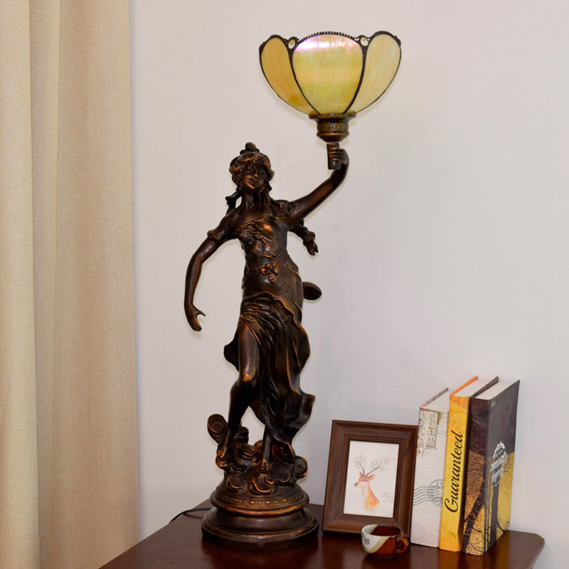 Mesa de sombra de c el individual/lámpara de vidrio de vaso amarillo/marrón blanco con estatua de mujer griega estatua