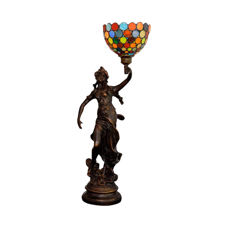 Stained Glass Coffee Night Lamp Woman Holding Torch Design 1 Head Tiffany Table Light