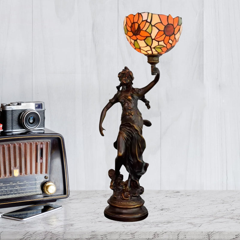 Couche de cloche inversée Éclairage 1-Light Orange / Yellow Blue Sunflower Glass Tiffany Tiffany Night lampe avec fille piédestal