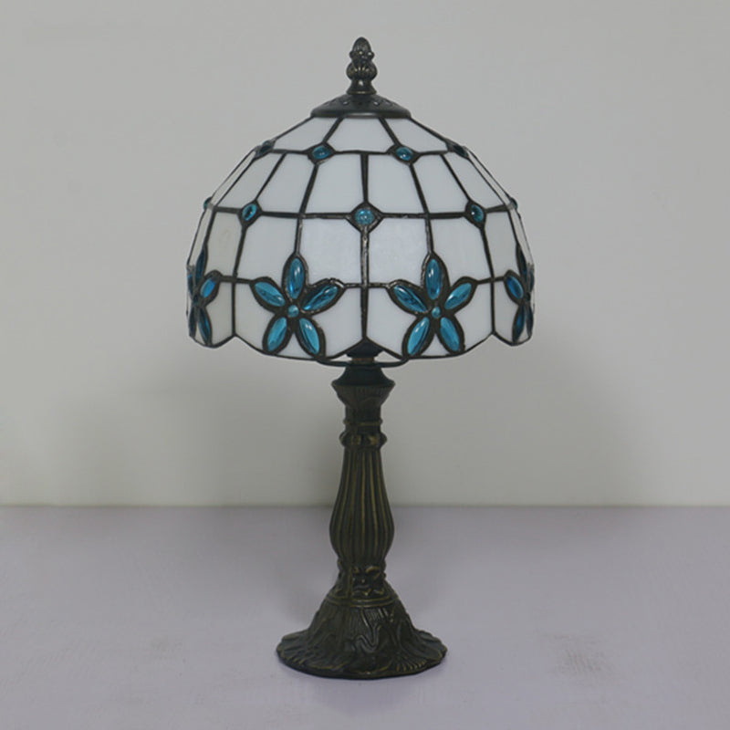 Lattice Bowl White Glass Table Lamp Victorian 1 Light Red/Yellow/Blue Flower Patterned Nightstand Light
