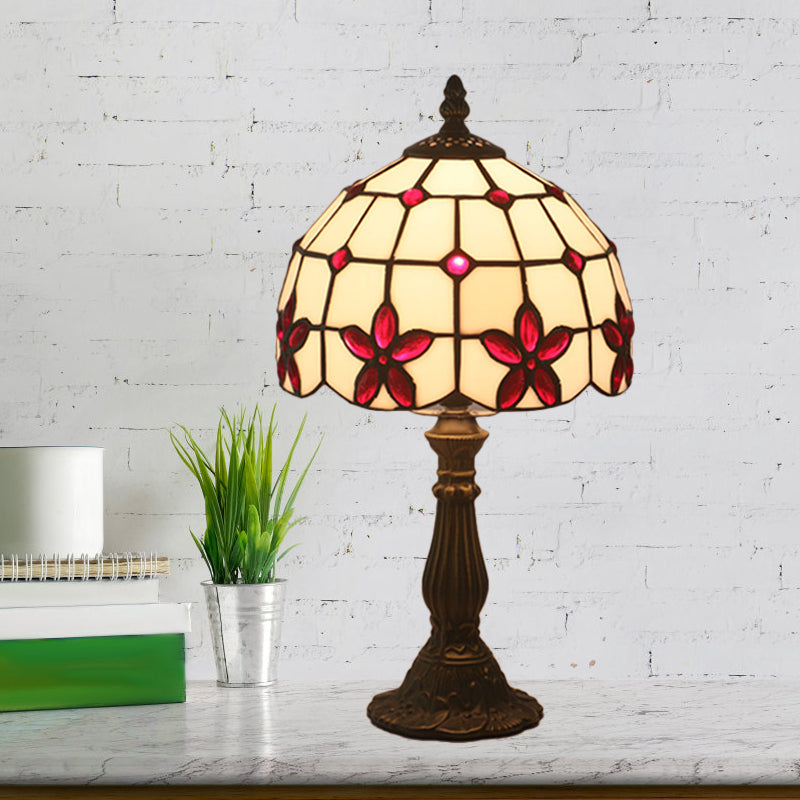 Lattice Bowl White Glass Table Lamp Victorian 1 Light Red/Yellow/Blue Flower Patterned Nightstand Light