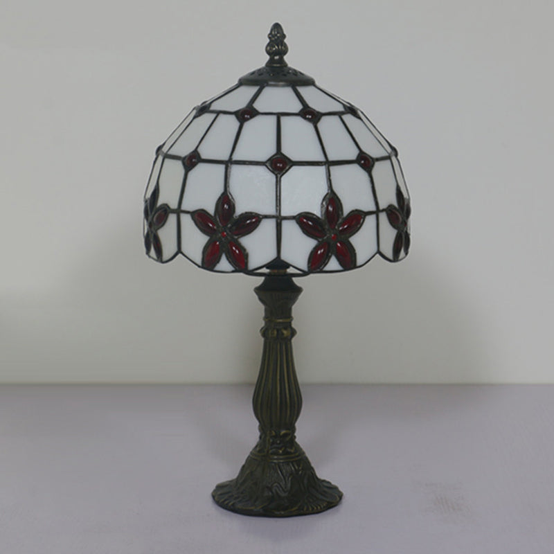 Lattice Bowl White Glass Table Lamp Victorian 1 Light Red/Yellow/Blue Flower Patterned Nightstand Light