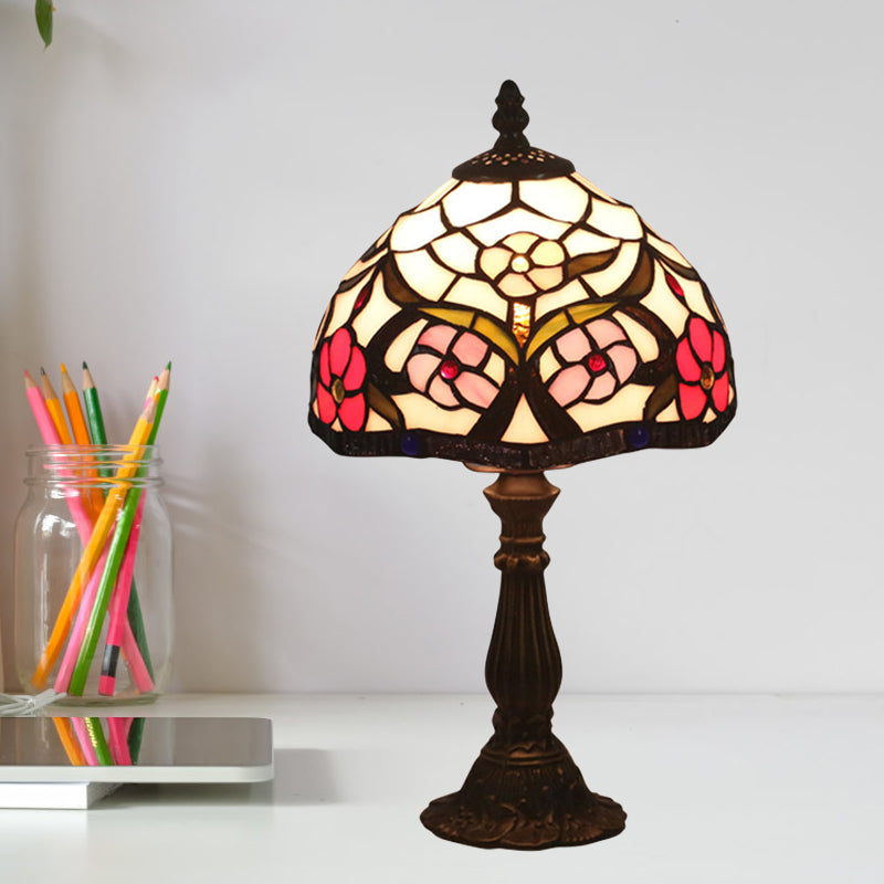 Tiffany Bowl Night Lighting 1 Head Hand Cut Glass Flower Patterned Table Light in Red/Yellow/Purple for Bedside