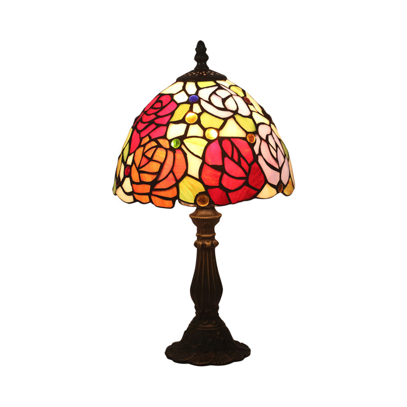 Bronze 1 Head Night Table Light Tiffany Style Cut Glass Yellow/Orange/Purple Rose Patterned Desk Lighting with Dome Shade
