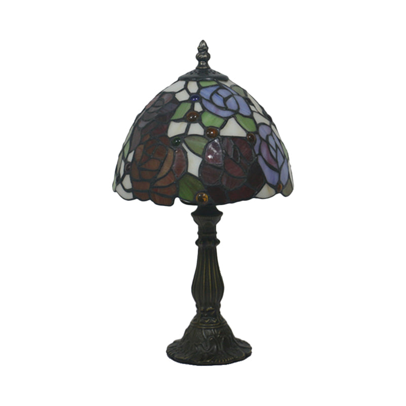 Bronze 1 Head Night Table Light Tiffany Style Cut Glass Yellow/Orange/Purple Rose Patterned Desk Lighting with Dome Shade