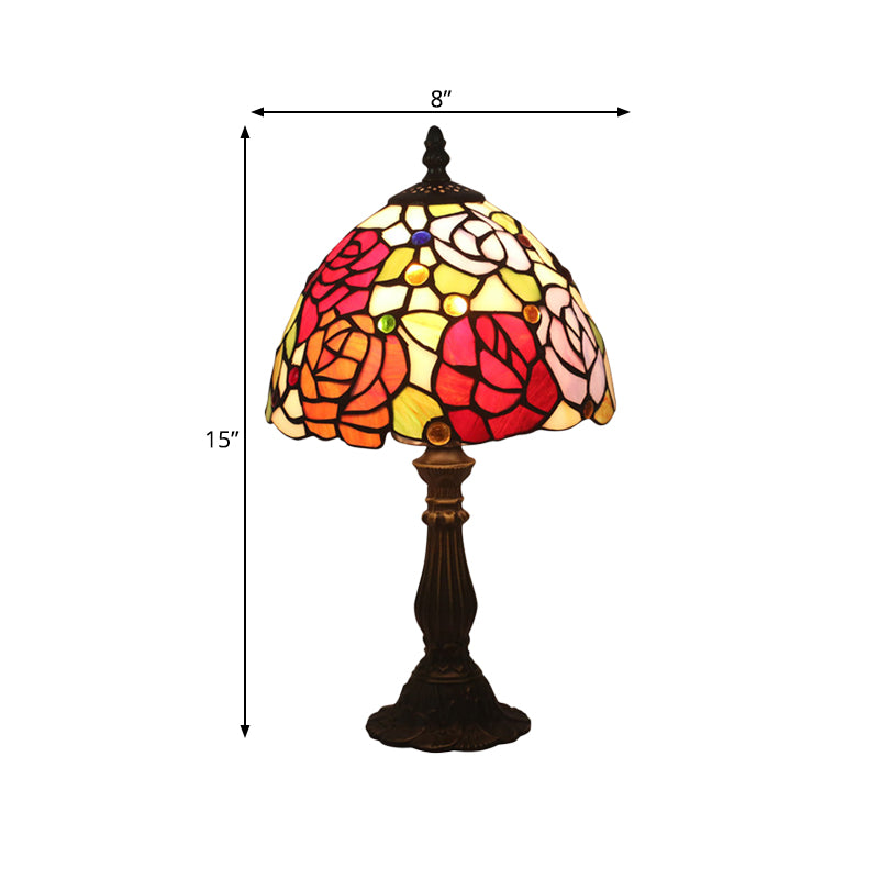 Bronze 1 Head Night Table Light Tiffany Style Cut Glass Yellow/Orange/Purple Rose Patterned Desk Lighting with Dome Shade