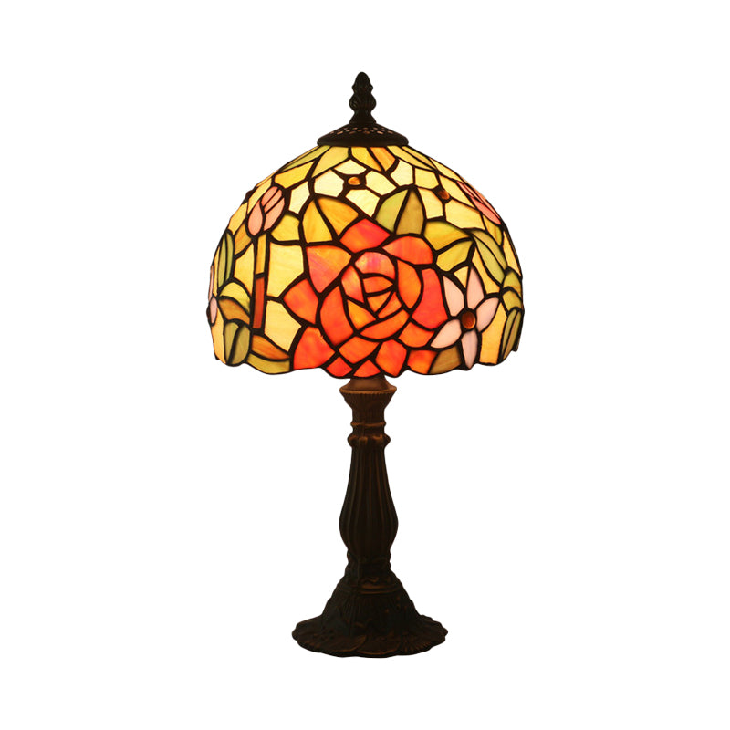 Bronze 1 Head Night Table Light Tiffany Style Cut Glass Yellow/Orange/Purple Rose Patterned Desk Lighting with Dome Shade