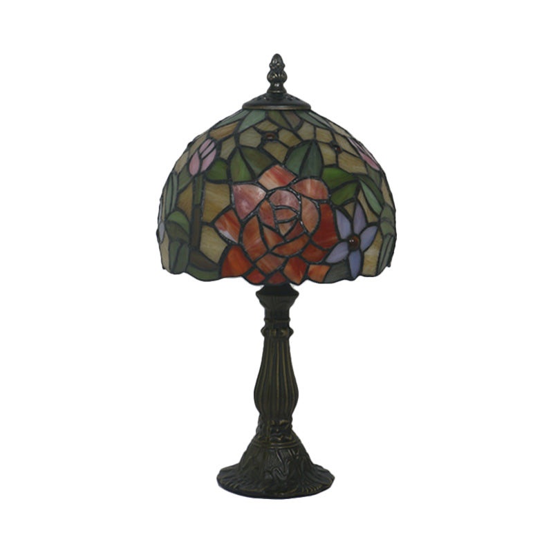 Bronze 1 Head Night Table Light Tiffany Style Cut Glass Yellow/Orange/Purple Rose Patterned Desk Lighting with Dome Shade