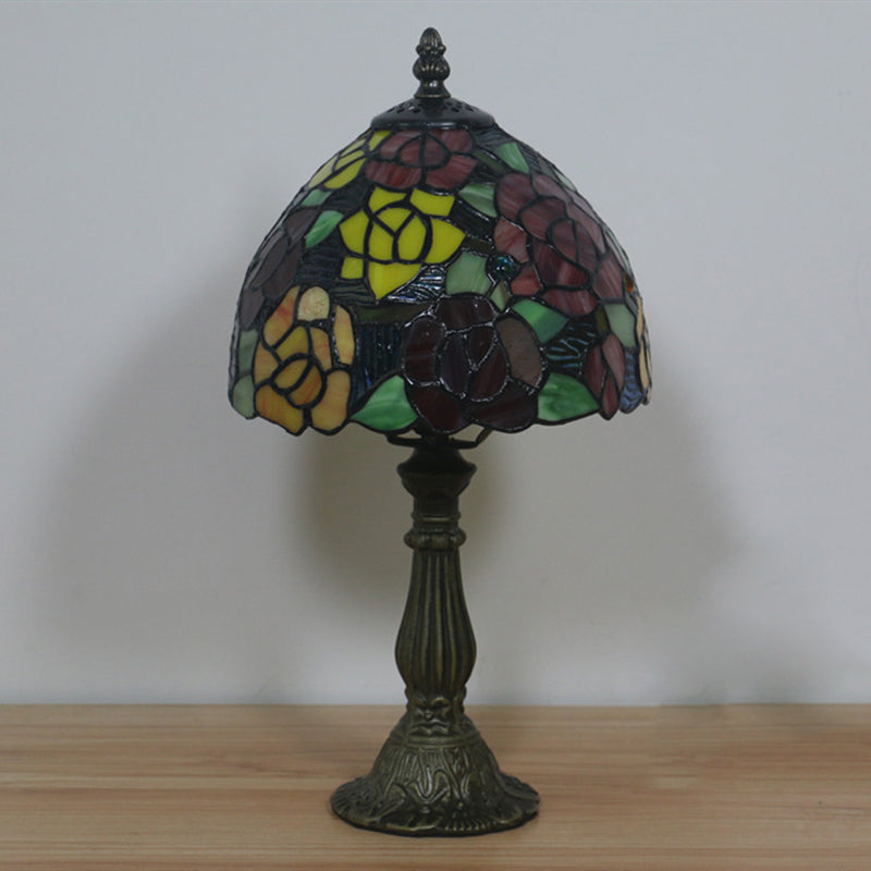 Bronze 1 Head Night Table Light Tiffany Style Cut Glass Yellow/Orange/Purple Rose Patterned Desk Lighting with Dome Shade