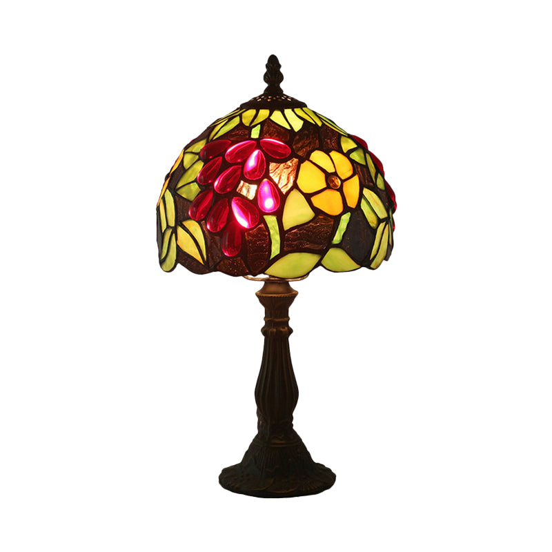 Dome Shape Cut Glass Night Light Tiffany 1 Head Yellow/Green Grape Patterned Nightstand Lamp for Bedroom