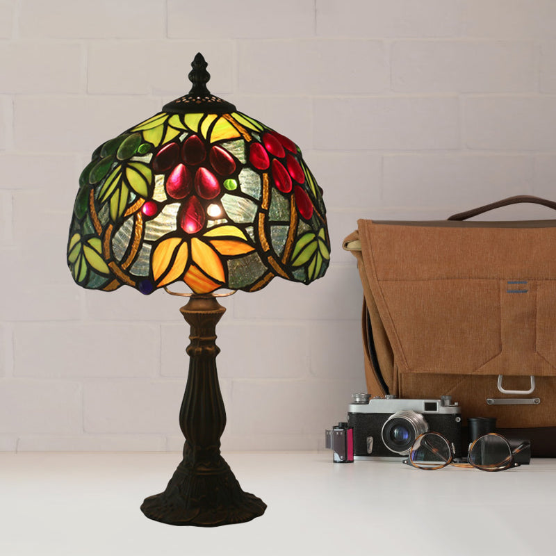 Dome Shape Cut Glass Night Light Tiffany 1 Head Yellow/Green Grape Patterned Nightstand Lamp for Bedroom