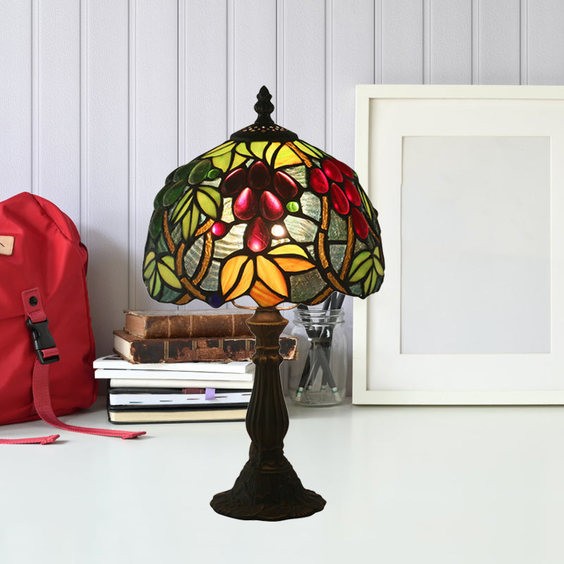 Dome Shape Cut Glass Night Light Tiffany 1 Head Yellow/Green Grape Patterned Nightstand Lamp for Bedroom