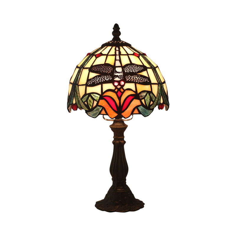 Lampada da tavolo in vetro colorato rosso/arancione con paralume a cupola, lampada da scrivania vittoriana a 1 luce con libellula e motivi floreali
