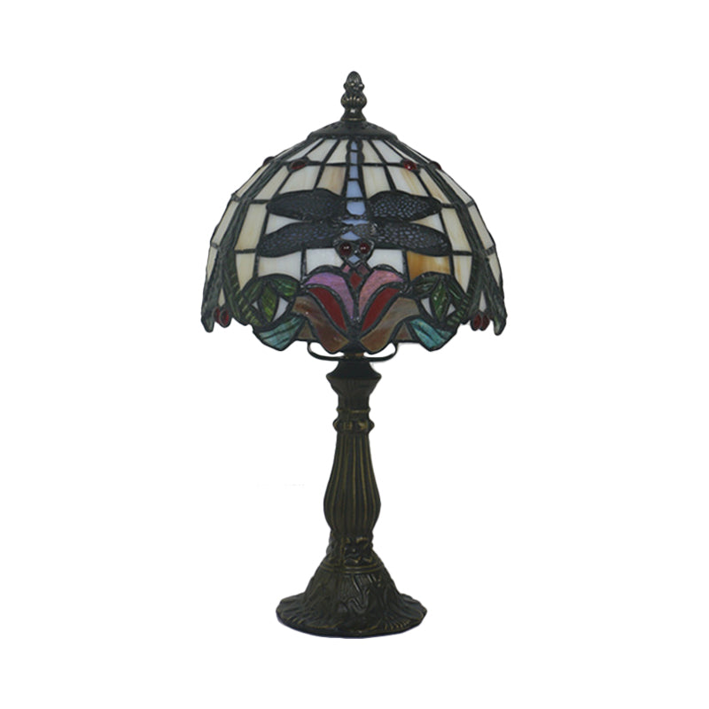 Lampada da tavolo in vetro colorato rosso/arancione con paralume a cupola, lampada da scrivania vittoriana a 1 luce con libellula e motivi floreali