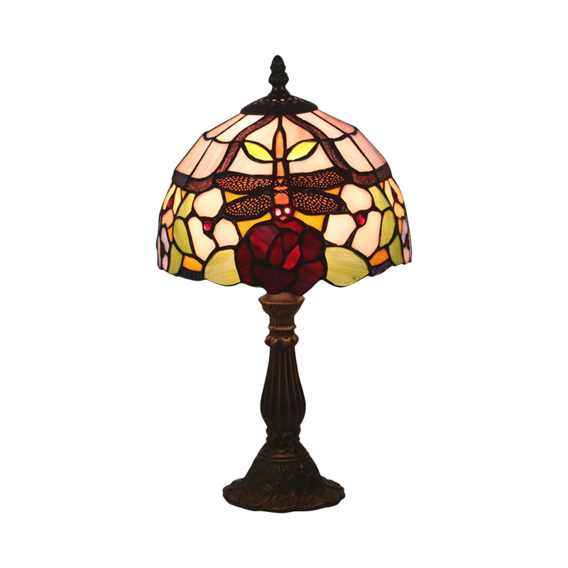 Lampada da tavolo in vetro colorato rosso/arancione con paralume a cupola, lampada da scrivania vittoriana a 1 luce con libellula e motivi floreali
