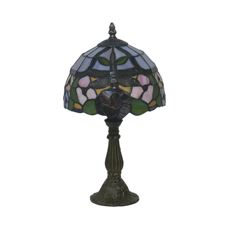 Lampada da tavolo in vetro colorato rosso/arancione con paralume a cupola, lampada da scrivania vittoriana a 1 luce con libellula e motivi floreali