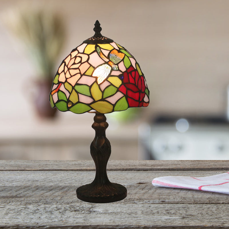 Cut Glass Rose/Lotus Night Table Lamp Baroque 1 Light Red/Pink Nightstand Lighting with Baluster for Bedroom