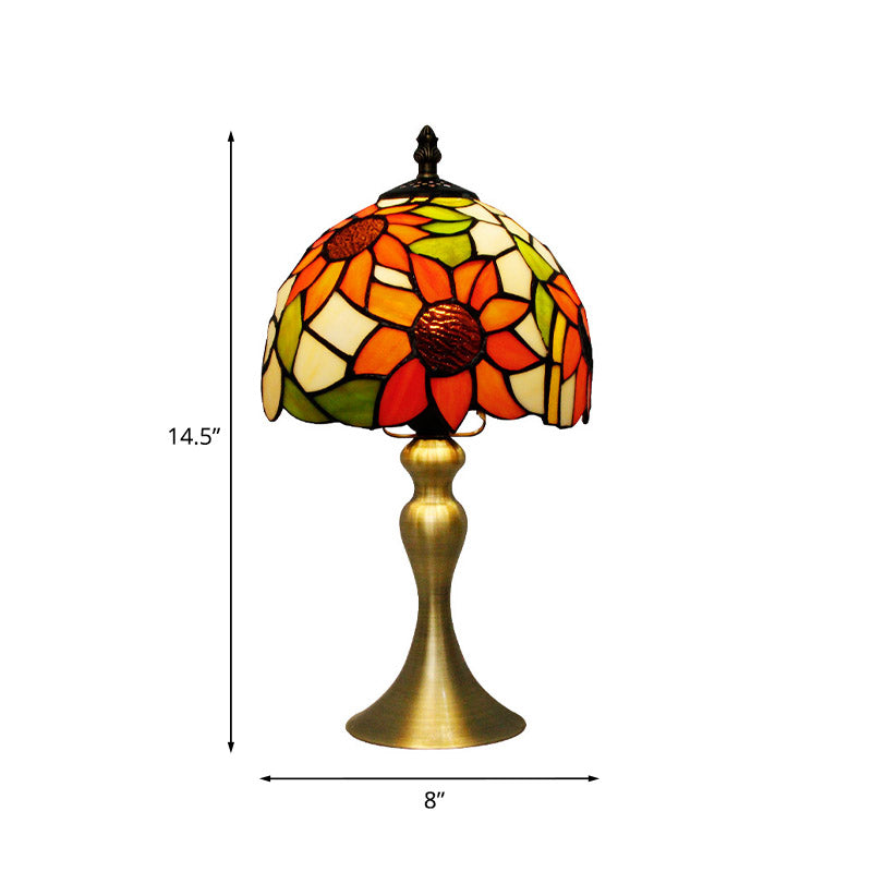 Sunflower Pattern Dome Shade Night Lamp 1 Head Stained Glass Tiffany Table Light with Brushed Brass Flared Base