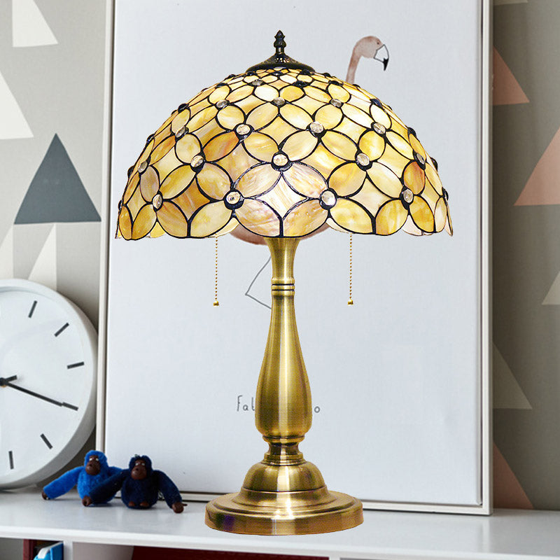 2 Glühbirnen Wohnzimmer Nacht Lampe Barock Gold Pull-Chain Tischbeleuchtung mit kreuzten Blütenschalenschatten