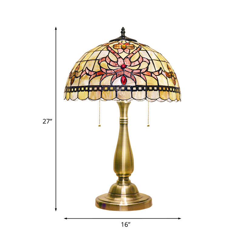 Grid-Trim Floral Table Light 2 Heads Shell Vintage Nightstand Lamp with Pulling Chain in Brushed Gold for Bedside
