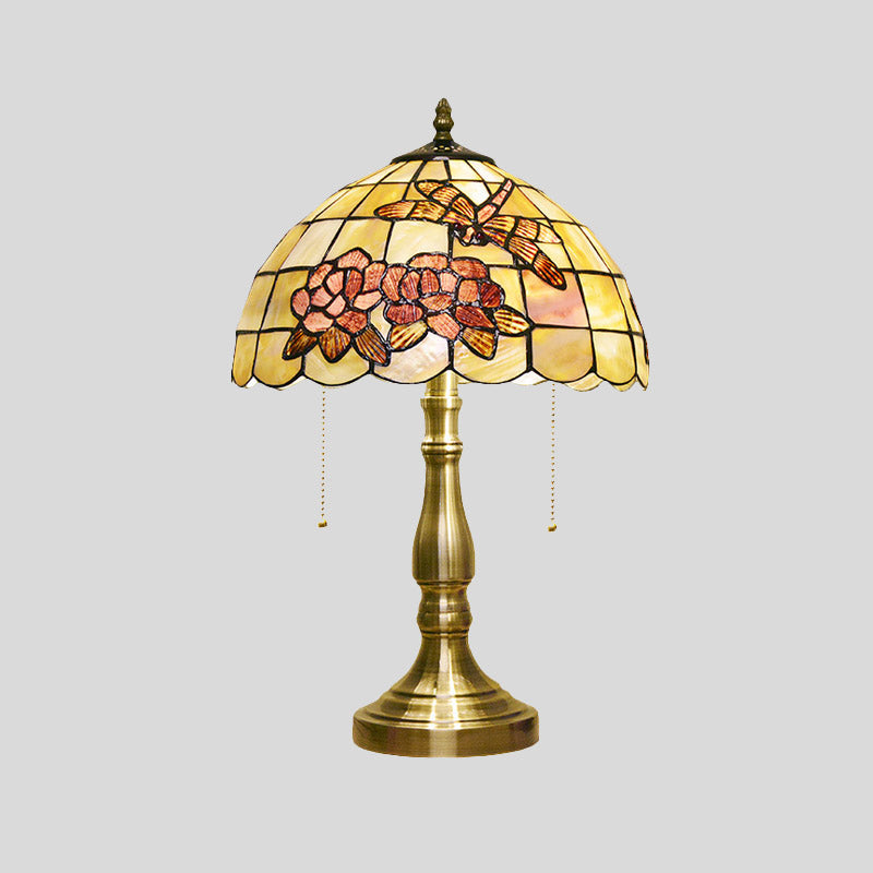 Brushed Brass 2-Bulb Nightstand Light Tiffany Shell Dragonfly on Peony Table Lamp with Pull Chain