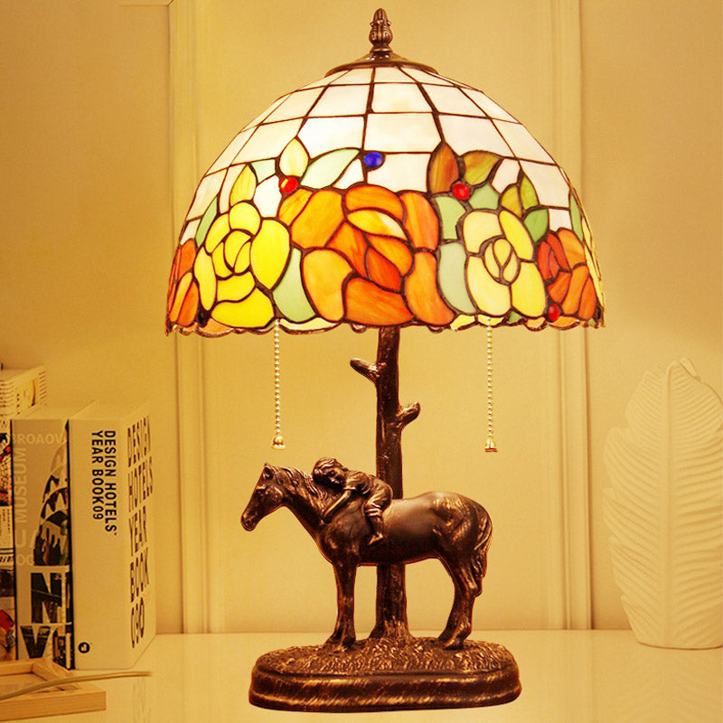 Resin Dark Brown Pull-Chain Night Lamp Kid Sleeping on Horseback 2-Bulb Tiffany Table Light with Roseborder Shell Shade