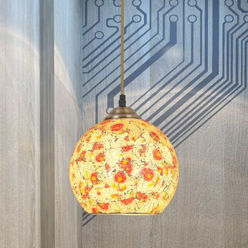 Hemispherical Pendulum Light Tiffany Crackle Printed Glass 1 Head Bronze Ceiling Pendant
