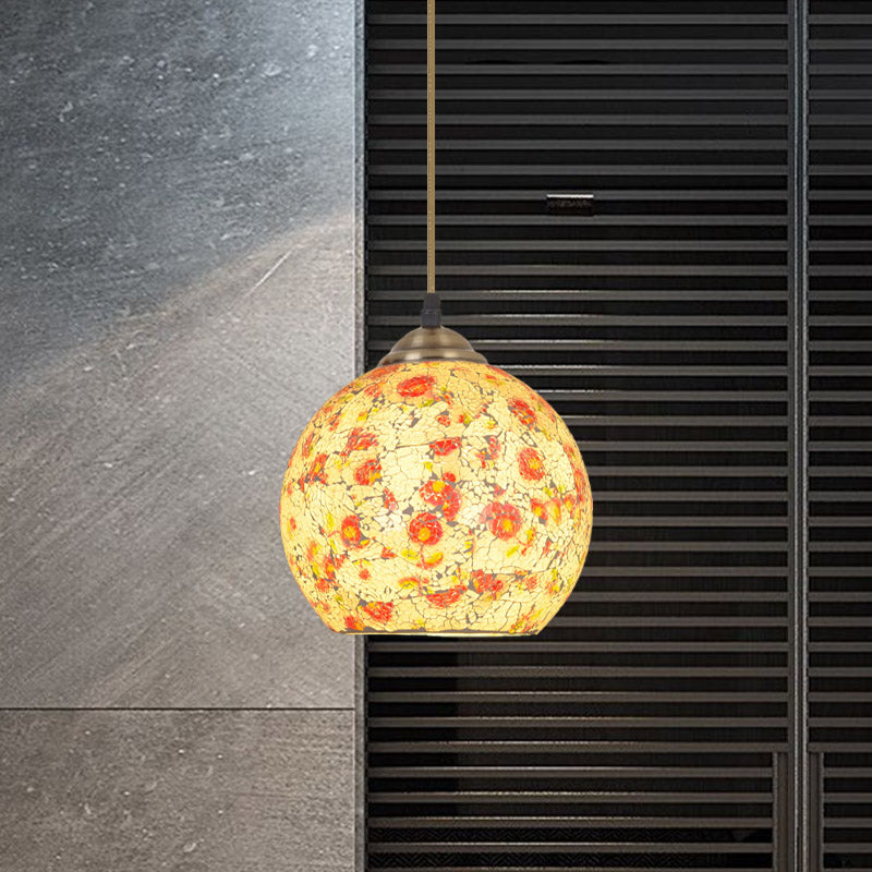 Hemispherical Pendulum Light Tiffany Crackle Printed Glass 1 Head Bronze Ceiling Pendant