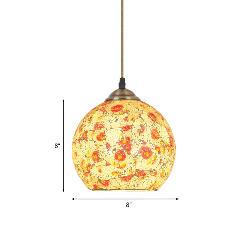 Hemispherical Pendulum Light Tiffany Crackle Printed Glass 1 Head Bronze Ceiling Pendant