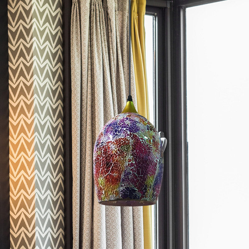 1 Bulb Dining Table Suspension Pendant Tiffany Black Hanging Light Kit with Ovoid Red/Pink/Black Crackle Glass Shade