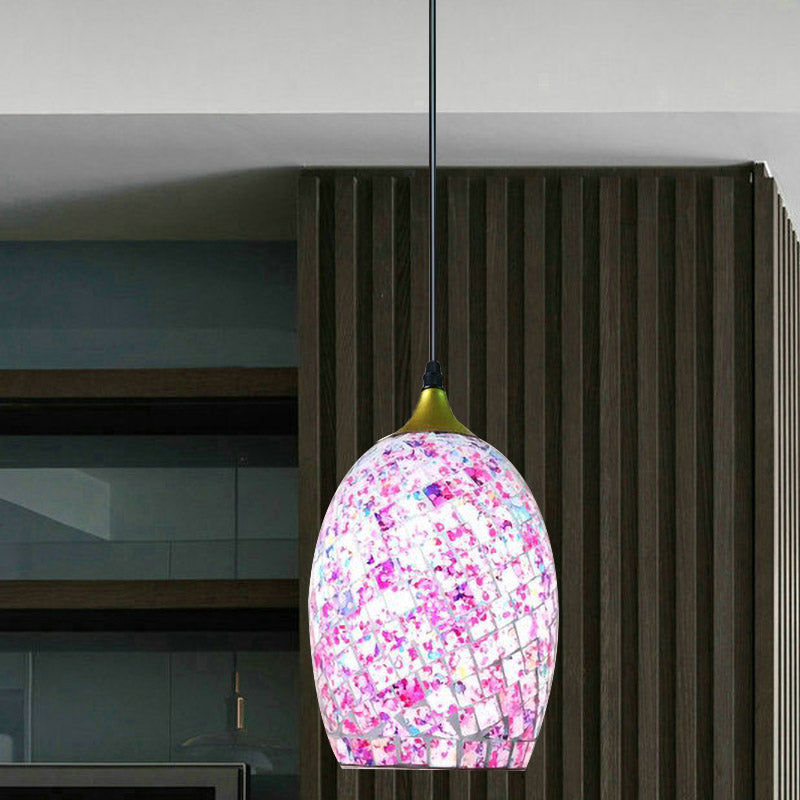 1 Bulb Dining Table Suspension Pendant Tiffany Black Hanging Light Kit with Ovoid Red/Pink/Black Crackle Glass Shade